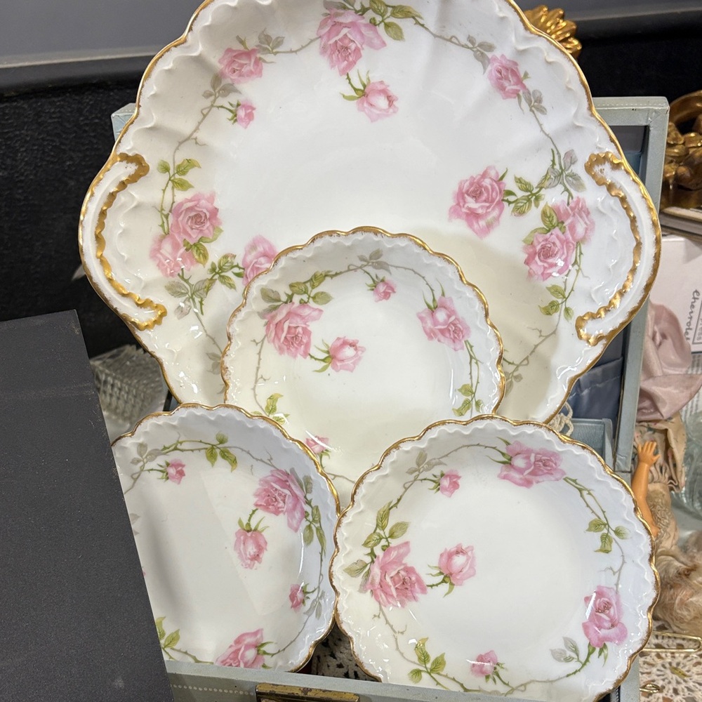 Vintage Floral Pink Rose Porcelain Serving Bowl Set
